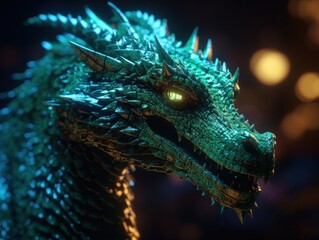 Green fantasy dragon portrait created with Generative AI technology
