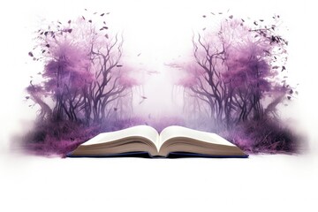 Book and magic forest with purple fog, white background, story and fantasy concept. Generative AI