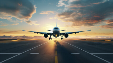 plane landing on the runway at sunset. Generative Ai. 