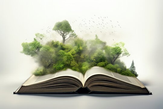 Book and green magic forest, white background, story and fantasy concept. Generative AI