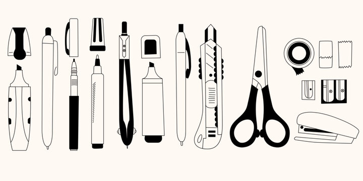 Stationery line art style set. Vector editable stroke. Doodle drawing items for drawing and sketching. Office collection of items for work. Set of items for school and work