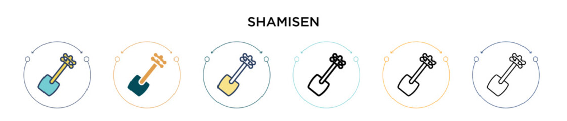 Shamisen icon in filled, thin line, outline and stroke style. Vector illustration of two colored and black shamisen vector icons designs can be used for mobile, ui, web