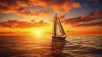 Landscape with sailboat in the sea, sunset and beautiful sky. generative AI