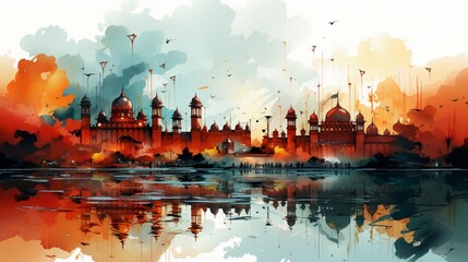 India independence day background with red fort sketch.