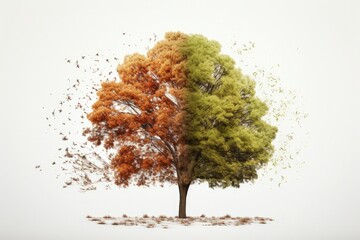 Tree half in autumn and half in spring, white background, nature and environment concept. Generative AI - obrazy, fototapety, plakaty