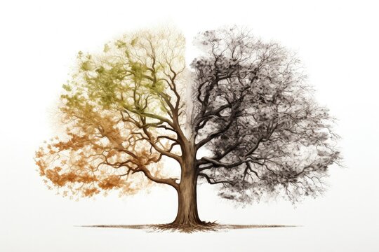 Tree half in autumn and half in spring, white background, nature and environment concept. Generative AI