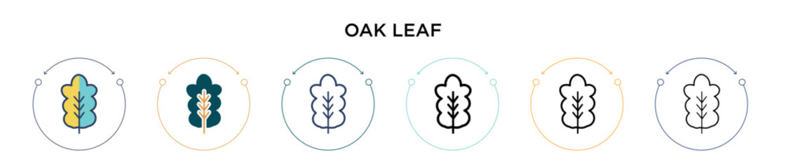 Oak leaf icon in filled, thin line, outline and stroke style. Vector illustration of two colored and black oak leaf vector icons designs can be used for mobile, ui, web