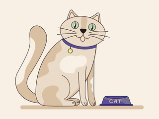 Vector colorful illustration of a cat who is waiting for someone to feed him, sitting by his food bowl. Suitable for stickers, clothing printing, holiday cards