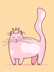Vector colorful illustration of an elegant, cute kitty with a crown, who is thinking and dreaming, isolated. Suitable for stickers, clothes print, holiday cards