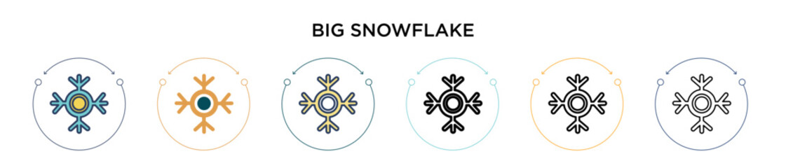 Big snowflake icon in filled, thin line, outline and stroke style. Vector illustration of two colored and black big snowflake vector icons designs can be used for mobile, ui, web