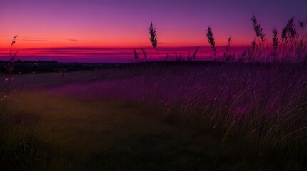 An intimate view of twilight grass stretching towards the horizon, its silhouettes highlighted against a colorful twilight sky.