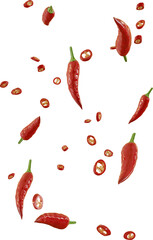 3d render falling red chilli slices - obrazy, fototapety, plakaty