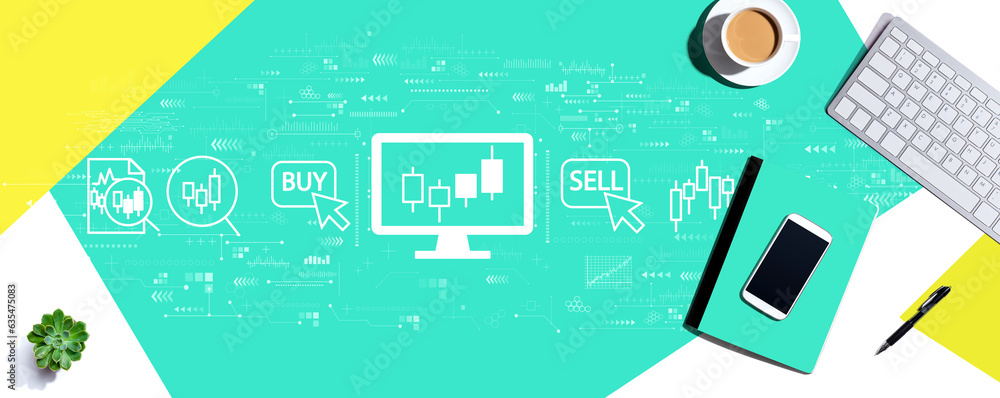 Poster stock trading theme with a computer keyboard and office items