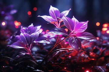 Luminous nature, Leaves encircled by neon lights form an electrifying and captivating backdrop Generative AI