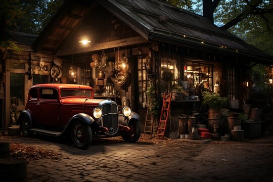 Old garage or shed with a vintage car: An old automotive scene, Generative Ai