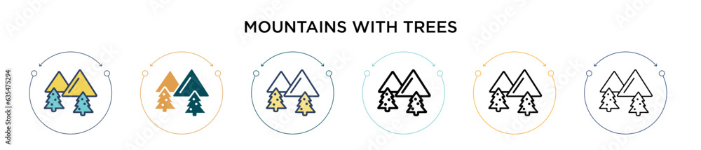 Poster mountains with trees icon in filled, thin line, outline and stroke style. vector illustration of two