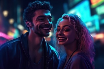 Handsome guy and girl laughing on the street of the night city