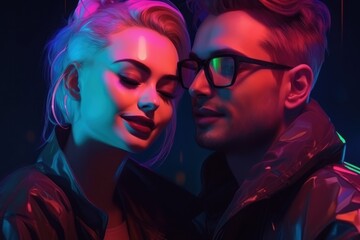 A blonde girl and a guy with glasses snuggle up to each other in neon pink-purple rays