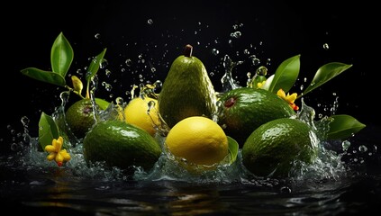 lemons and avocado with water splashed on them