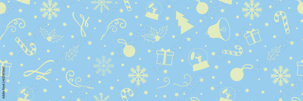 Wall mural Seamless Christmas Pattern. Light Blue and Yellow illustrations of snow balls, snowflakes, ribbons, gifts, candy cane, snow globes. For prints, wrapping paper, backgrounds, scrapbooking, templates.