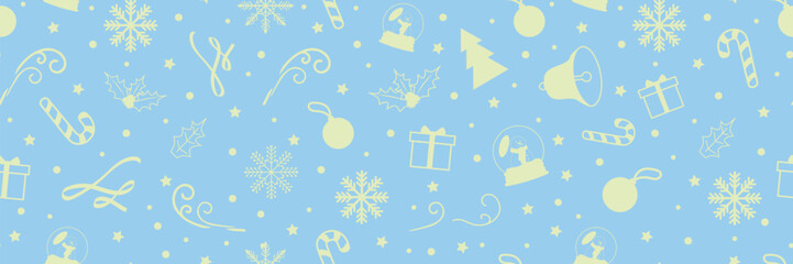 Seamless Christmas Pattern. Light Blue and Yellow illustrations of snow balls, snowflakes, ribbons, gifts, candy cane, snow globes. For prints, wrapping paper, backgrounds, scrapbooking, templates.