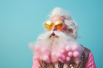 Casual Senior man model wearing hippie punk style beard fashionable trendy clothes. Creative summer holiday concept on bright blue background.