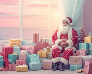 Santa Claus is sitting by the window and is ready to distribute Christmas presents to the children of world. Pastel colors, bright, vivid, like from a fairy tale colorful room. Dreamy scene.
