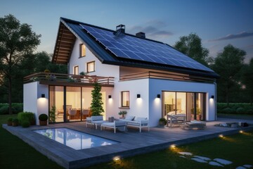 New luxury home with pool  and Solar panel on modern roof.  Economical and environmentally friendly heating and lighting system for your comfort, fashion architecture 