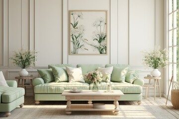New interior design for an amazing living room in a shabby chic style, pastel green and cream and white, stylish, mellow, minimal high resolution. Sofa, table, lamp , big windows 
