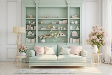 Fototapeta na wymiar New interior design for an amazing living room in a shabby chic style, pastel green and cream and white, stylish, mellow, minimal high resolution. Sofa, table, lamp , big windows 