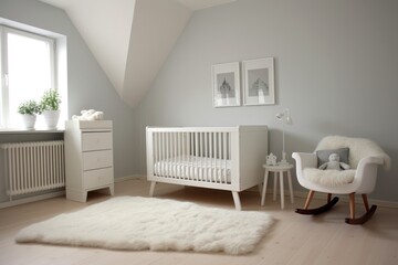 Modern minimalist baby living room. White clean interior for new born little girl or boy 
