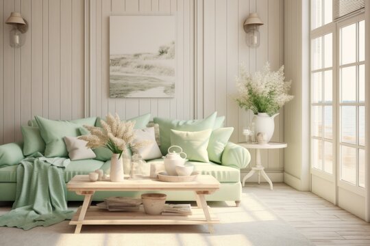 New interior design for an amazing living room in a shabby chic style, pastel green and cream and white, stylish, mellow, minimal high resolution. Sofa, table, lamp , big windows 