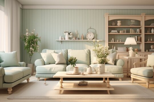New interior design for an amazing living room in a shabby chic style, pastel green and cream and white, stylish, mellow, minimal high resolution. Sofa, table, lamp , big windows 