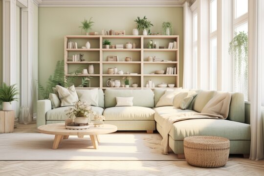 New interior design for an amazing living room in a shabby chic style, pastel green and cream and white, stylish, mellow, minimal high resolution. Sofa, table, lamp , big windows 
