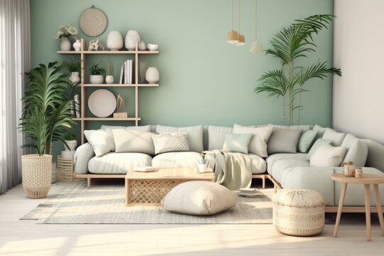 New interior design for an amazing living room in a shabby chic style, pastel green and cream and white, stylish, mellow, minimal high resolution. Sofa, table, lamp , big windows 