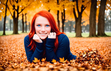 Portrait of a beautiful young redhead woman lying on autumn leaves. Generative AI.