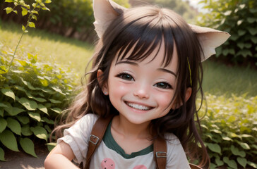 Little positive girl in city park. Portrait of happy kid with smile on walk. Generative AI.