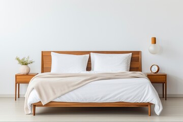 Comfortable Bed and Nightstand with Blank Frame in Beautiful Apartment. A Comfortable Bedding in a Bedchamber with Bedside Comfort on a Beautiful Background. Generative AI