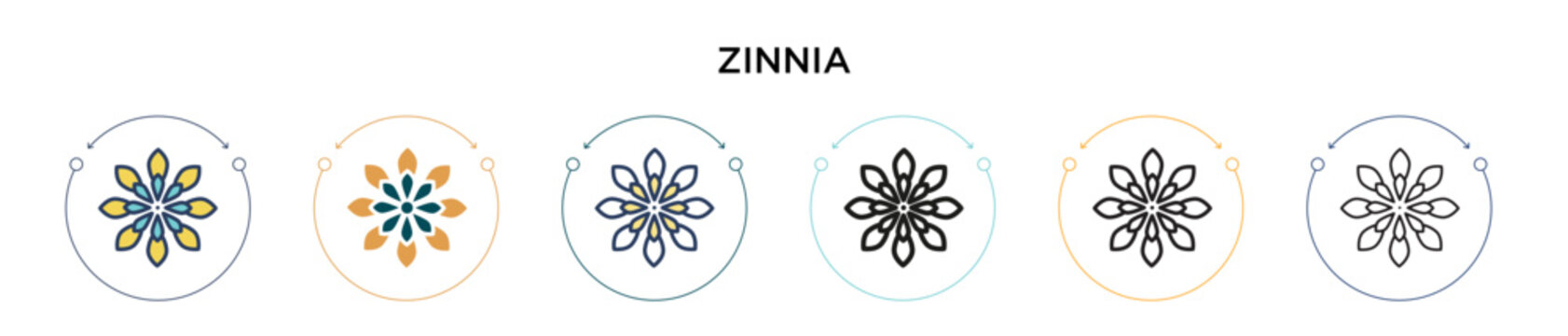 Zinnia icon in filled, thin line, outline and stroke style. Vector illustration of two colored and black zinnia vector icons designs can be used for mobile, ui, web