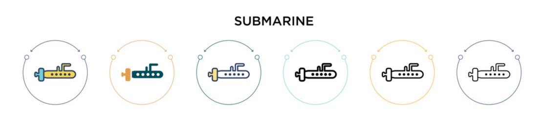 Submarine icon in filled, thin line, outline and stroke style. Vector illustration of two colored and black submarine vector icons designs can be used for mobile, ui, web