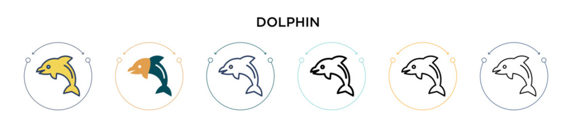 Dolphin icon in filled, thin line, outline and stroke style. Vector illustration of two colored and black dolphin vector icons designs can be used for mobile, ui, web