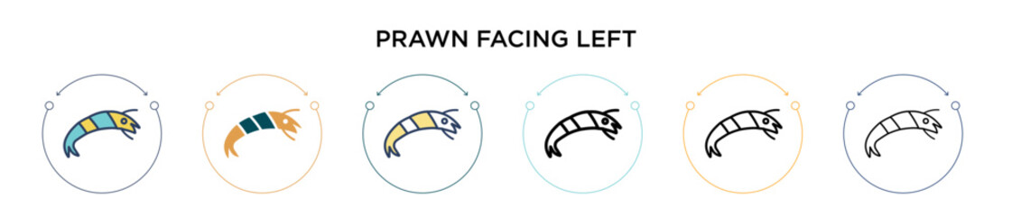 Prawn facing left icon in filled, thin line, outline and stroke style. Vector illustration of two colored and black prawn facing left vector icons designs can be used for mobile, ui, web