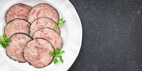 meat sausage pork Andouille (pork stomach, pork neck, offal) ready to eat healthy meal food snack on the table copy space food background rustic top view