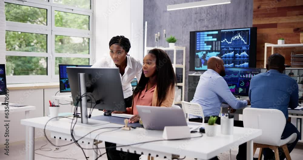 Poster african financial data analysts using dashboard on screens