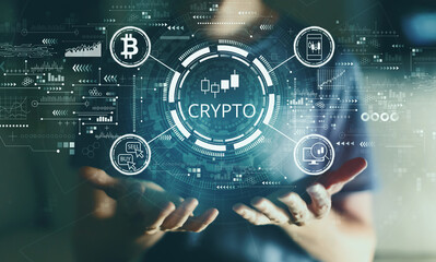 Crypto Trading theme with young man in the night