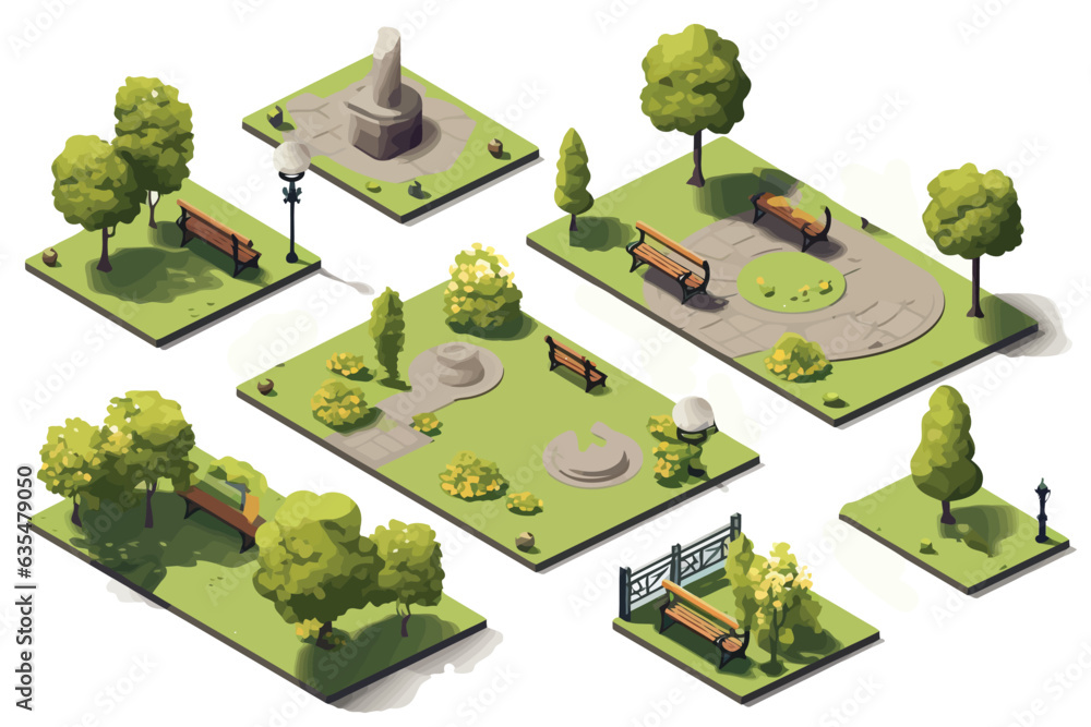 Sticker park set isometric vector flat minimalistic isolated illustration