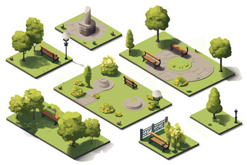 Park set isometric vector flat minimalistic isolated illustration