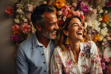 Joyful Brazilian Couple Embraced by Blooms