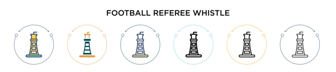 Football referee whistle icon in filled, thin line, outline and stroke style. Vector illustration of two colored and black football referee whistle vector icons designs can be used for mobile, ui, web