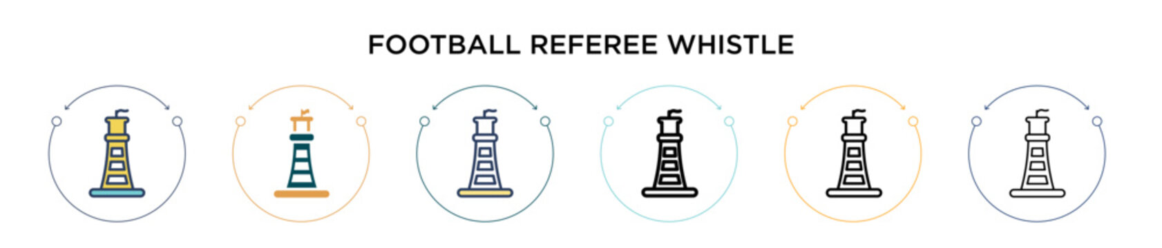 Football referee whistle icon in filled, thin line, outline and stroke style. Vector illustration of two colored and black football referee whistle vector icons designs can be used for mobile, ui, web